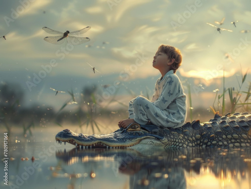 A boy sitting on top of a crocodile in the water. Generative AI. photo
