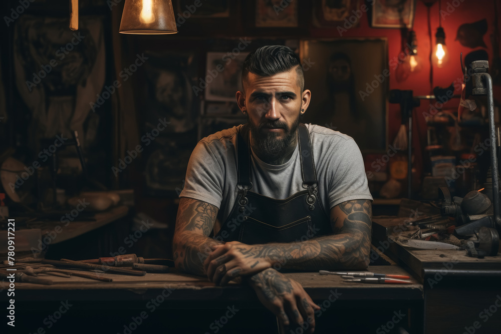 Tattooed craftsman in workshop. Artisan and craftsmanship concept Tattooed craftsman in workshop. Artisan and craftsmanship concept