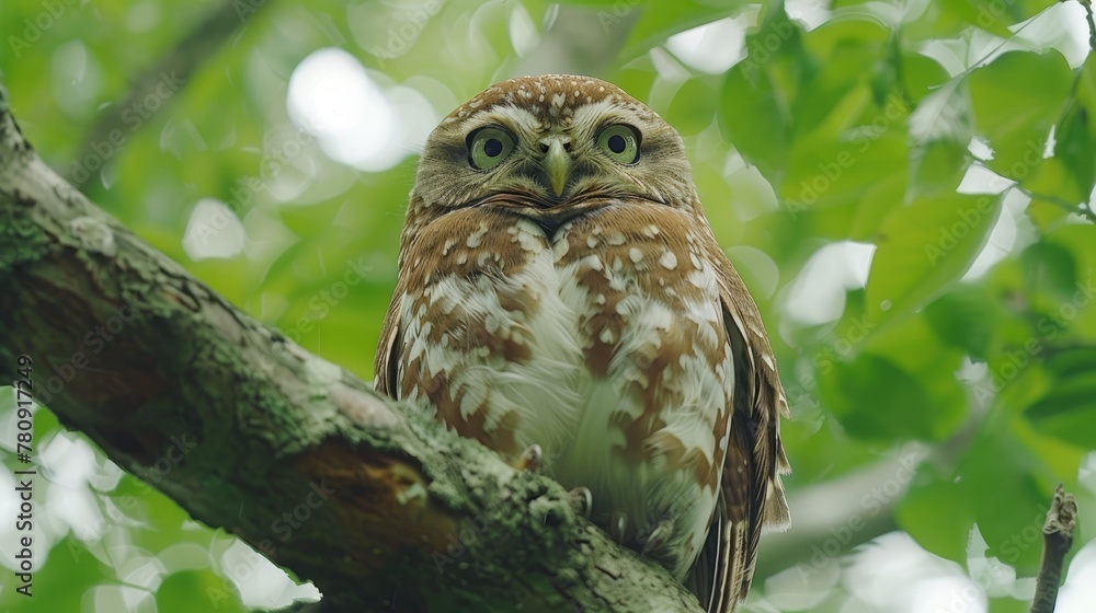 A brown and white owl sits atop a tree branch, its back facing verdant green leaves A brown and white owl sits atop a tree branch, its back facing verdant green leaves