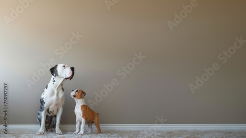 A massive harlequin-patterned Great Dane standing next to a small, fawn and white Bulldog pup looking up with admiration, showcasing size contrast among dogs