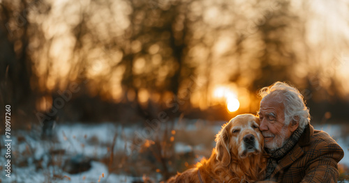 A man in a tweed jacket gently resting his forehead against his faithful golden retriever's head during sunset in the countryside photo