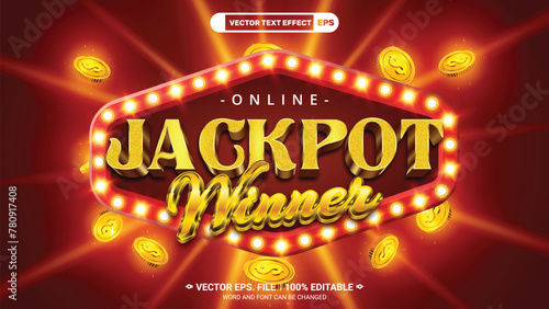 Online jackpot winner web banner template with 3d editable vector text style effect and realistic gold coins