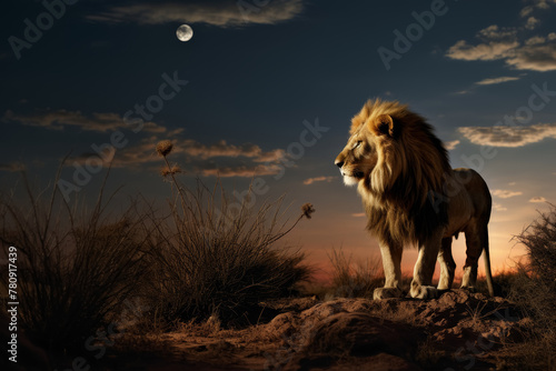 Lion standing on arid ground with a full moon in twilight sky