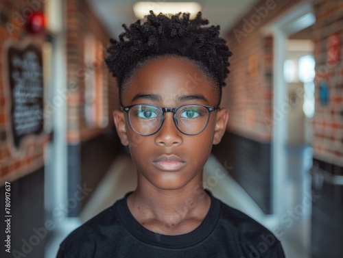 A young boy with glasses and a black shirt standing in front of brick wall. Generative AI.