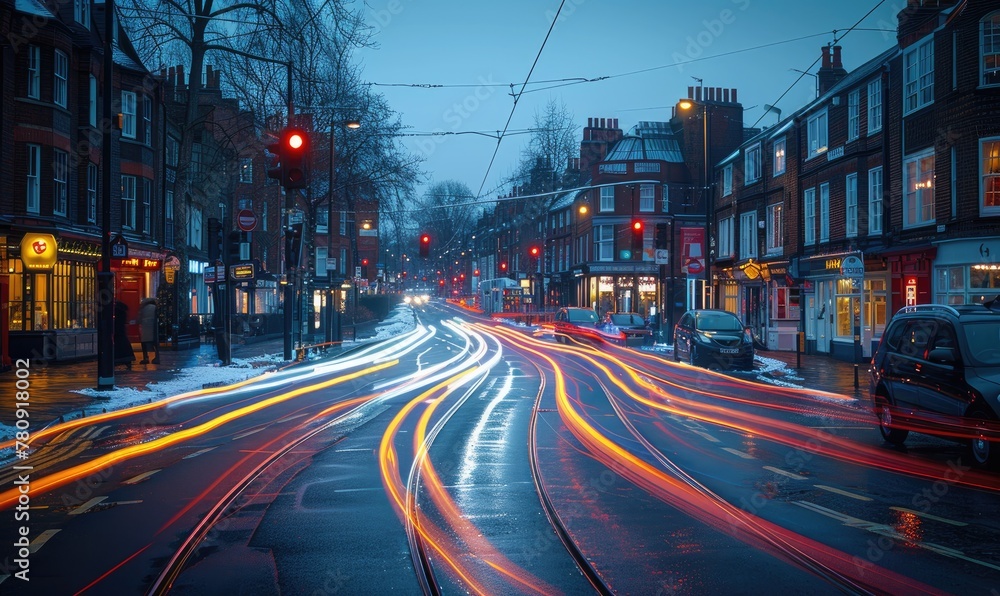 Light trails on a city street, long exposure photography
