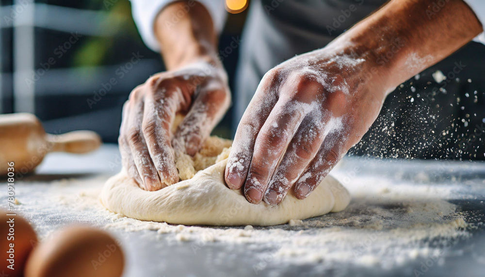 hands kneading dough on floured surface, creating homemade bread