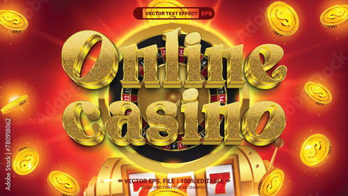 Online casino editable 3d vector text style effect with casino wheel and gold coins