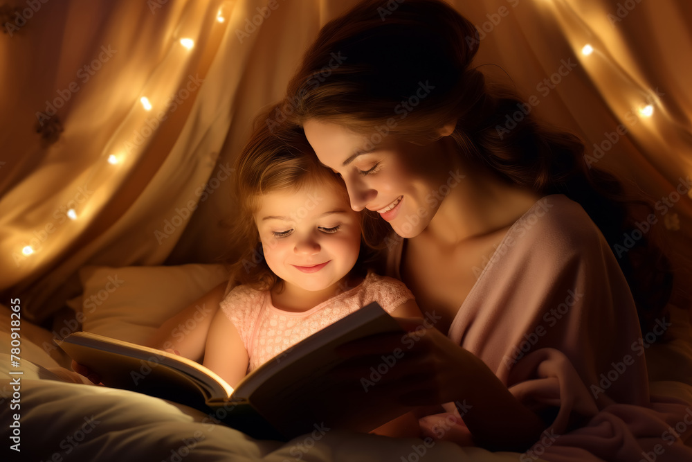 Mother and young daughter reading book in bed under warm light Mother and young daughter reading book in bed under warm light