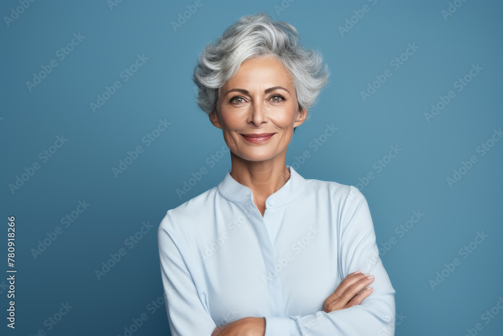 Confident mature woman with short gray hair on blue background Confident mature woman with short gray hair on blue background