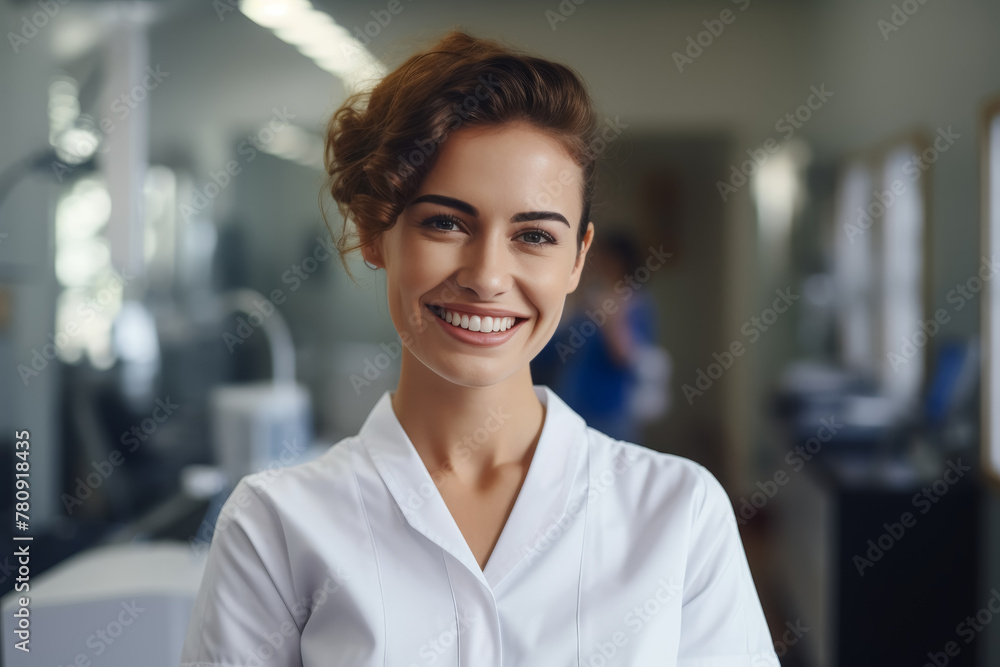 Waist-up portrait of a smiling dentist woman in a dental clinic