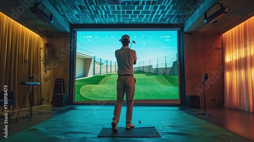 Golfer playing golf in indoor simulator Mixed media photo