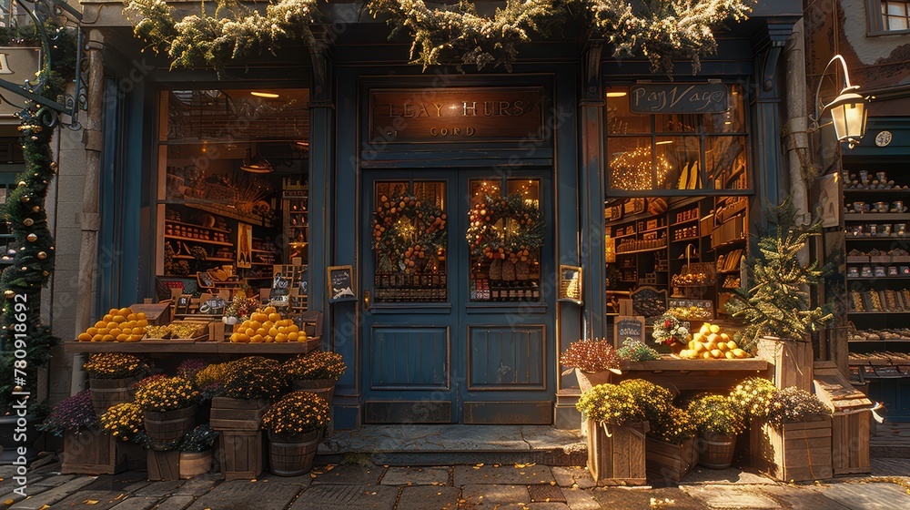   A blue door frames a storefront brimming with diverse fruits and vegetables