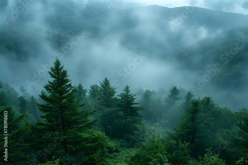 Forest scenery with fog trees and a focus on conservation efforts. Concept Forest Conservation, Foggy Trees, Nature Photography, Environmental Awareness © Anastasiia