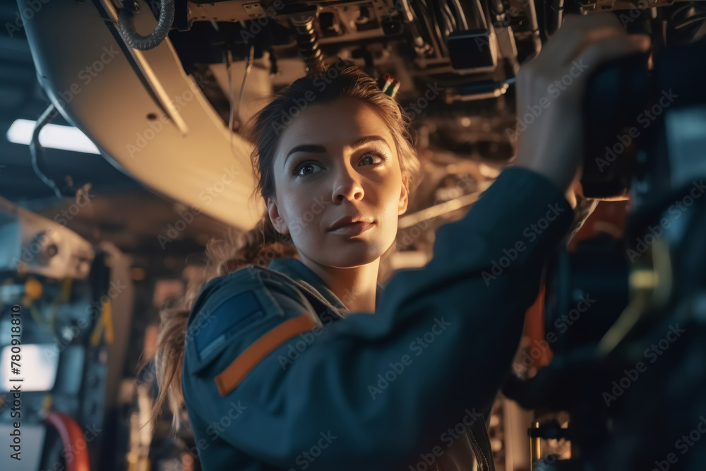 Confident female aircraft engineer in front of jet engine.