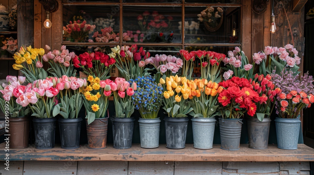   A table filled with numerous potted flowers before a storefront