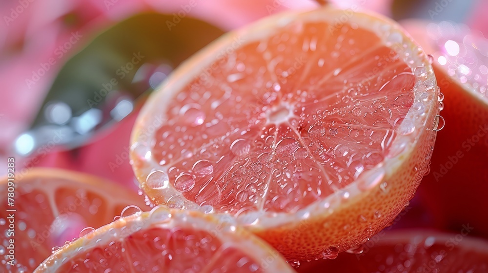 A tight shot of a halved grapefruit, beaded with droplets of water atop A tight shot of a halved grapefruit, beaded with droplets of water atop