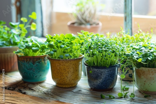 A collection of ceramic pots with a variety of microgreens  showcased on an indoor wooden table  emphasizing the concept of home gardening and healthy eating.