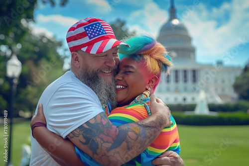 Conservative republican white man hugging liberal democrat LGBT woman with rainbow color hair, white house with copy space in background