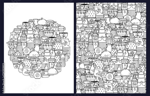 Doodle dishes coloring pages set. Black and white templates bundle with pans, cups, teapots and other kitchen things. Outline background. Vector illustration