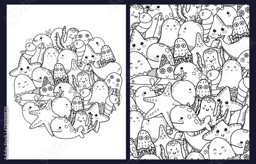 Doodle sea animals coloring pages set. Black and white templates bundle with cute fish characters. Outline background with whale, jellyfish, shrimp and more. Vector illustration