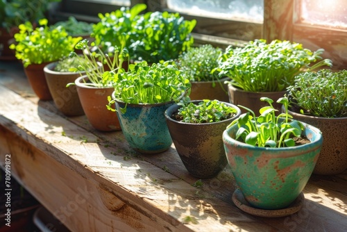 Potted microgreens on a sunny wooden shelf, reflecting the wholesome ambiance of an indoor garden with an assortment of edible young plants.