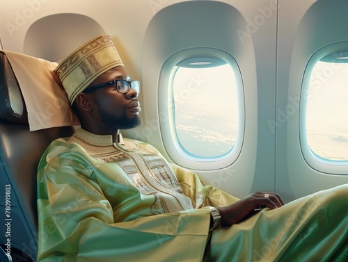 Wohlhabender Afrikaner in traditioneller Kleidung sitzt sehr bequem im Flugzeug 