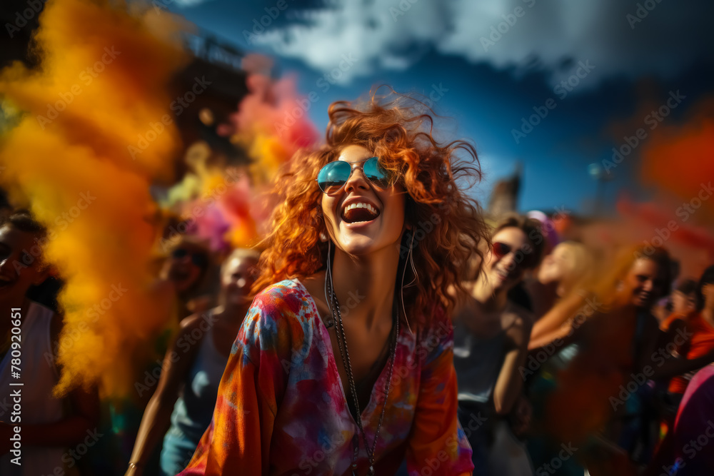 girl celebrating at a music concert with vivid and multicolored colors girl celebrating at a music concert with vivid and multicolored colors