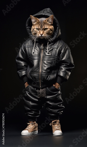 A Painting of a Mic Check Meowster: A Hip-Hop Cat Drips with Swag, Boombox by Its Side (Portrait Style).