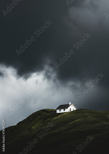 High contrast image of a lone white house atop a hill with dark, ominous clouds above