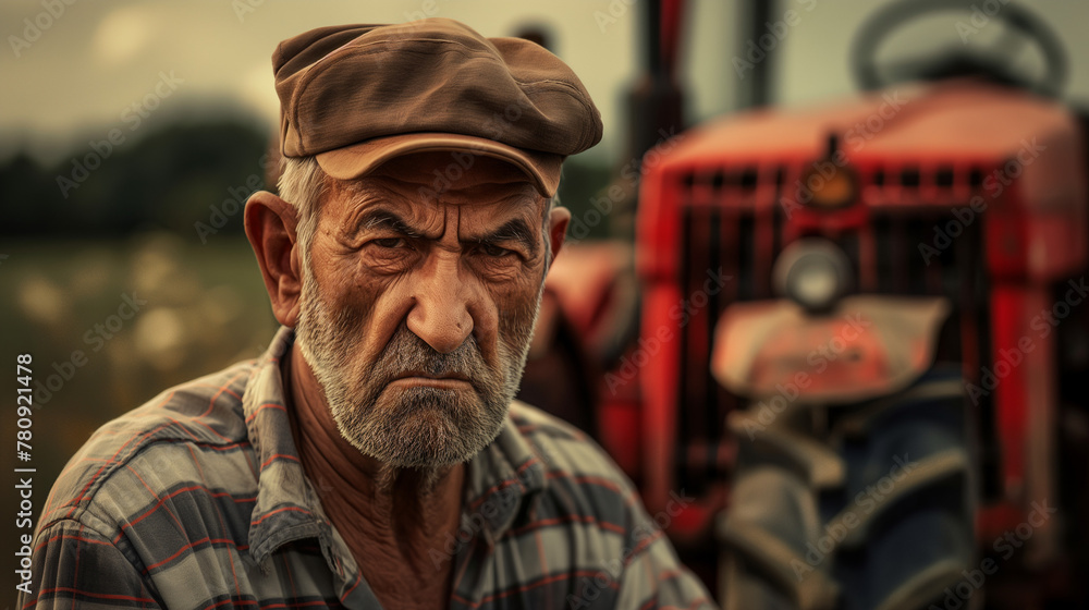 realistic photo, very angry german farmer in front of tractor