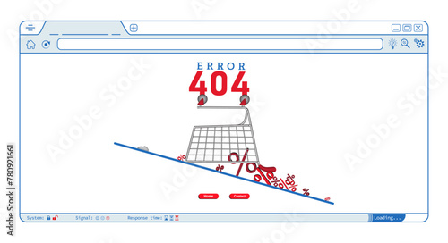 Error 404 abstract browser homepage design with shopping cart, percentage vector. Webpage internet security warning to use in web shop, web development, webpage error, error 404 projects. 