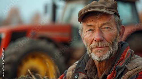 Cinematic, photograph, young 65 year old farmer, tractor in background, year 2010s, photo