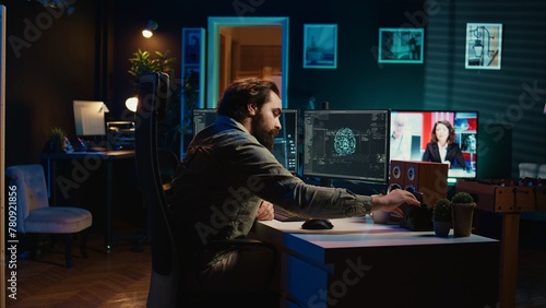 Man inserting classified disk into PC containing sentient AI waving hand, greeting creator. Scientist placing confidential cartridge in computer, awakening self aware artificial intelligence, camera B