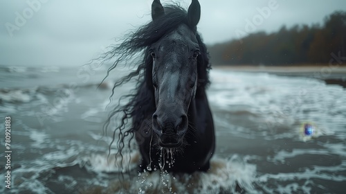  A tight shot of a horse submerged in water, surrounded by trees in the background, and water in the foreground