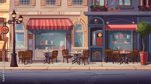 Bakery facade exterior with street cafe tables and