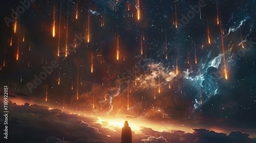 Mesmerizing Cosmic Spectacle A Dramatic Celestial Shower of Fiery Meteors Illuminating the Night Sky