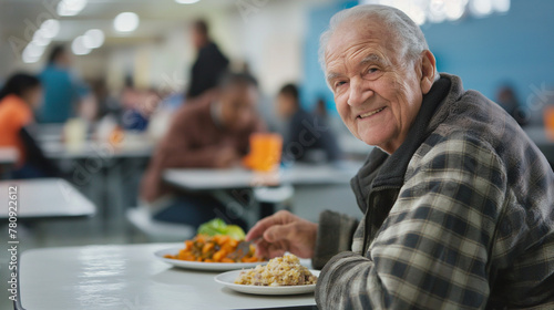 Realistic photo  elderly  white man  very happy  seated eating plate of food  Side view  white table  HIGH SCHOOL CAFETERIA FULL OF PEOPLE. The tone is clear   contrasts with the white blue background