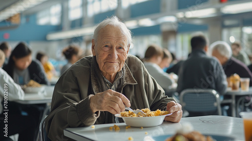 Realistic photo, elderly, white man, very happy, seated eating plate of food, Side view, white table, HIGH SCHOOL CAFETERIA FULL OF PEOPLE. The tone is clear , contrasts with the white blue background photo