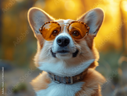 Corgi dog on the street wears sunglasses. Photo with positive pet showcasing modern eye protection accessories. Relax and summer concept © Ziart