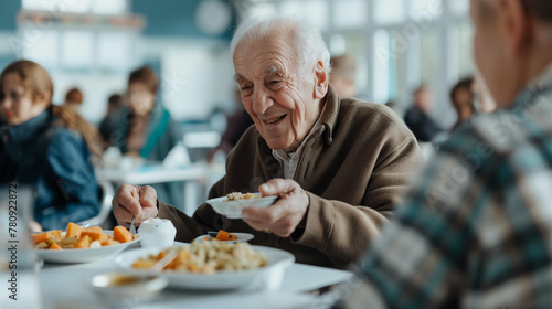 Realistic photo  elderly  white man  very happy  seated eating plate of food  Side view  white table  HIGH SCHOOL CAFETERIA FULL OF PEOPLE. The tone is clear   contrasts with the white blue background