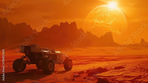 Futuristic Rover Exploring the Desolate Landscapes of a Distant Alien Planet