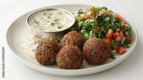 Savory dish of iraqi falafel served with fresh herbs, diced tomatoes, and creamy sauces