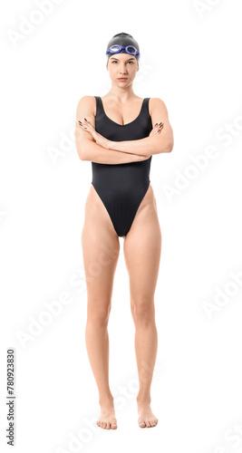 Female swimmer on white bac...