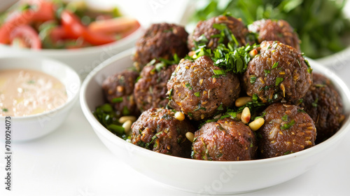 Close-up of a plated traditional iraqi kebbeh dish, a savory middle eastern cuisine delicacy made with minced meat, bulgur, spiced with herbs, garnished with parsley and pine nuts