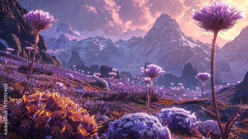 Enchanting Alien Landscape with Vibrant Flora and Mountainous Terrain