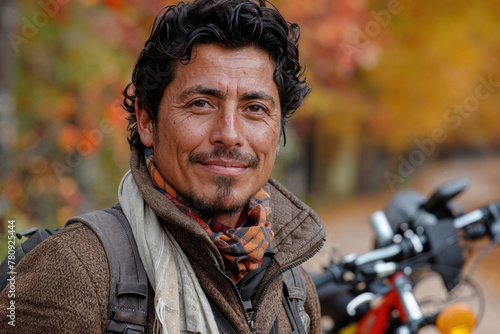 Autumn portrait of a smiling man with motorcycle. Generative AI image