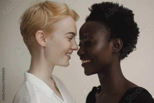 Intimate moment between two diverse women. Generative AI image photo