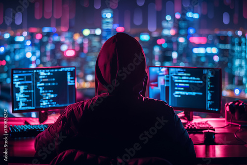 Mysterious Hacker in Hoodie at Computer Workstation. Generative AI image photo