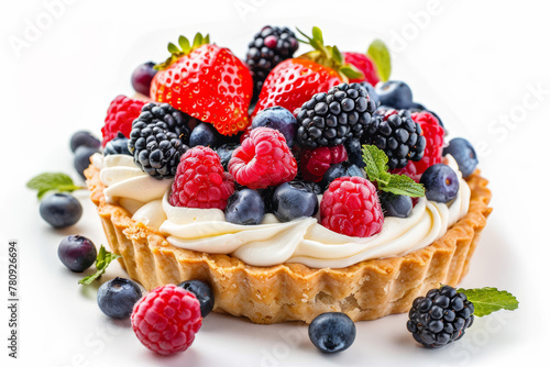 French mixed berry cream tart  isolated on a white background  closeup macro shot. 