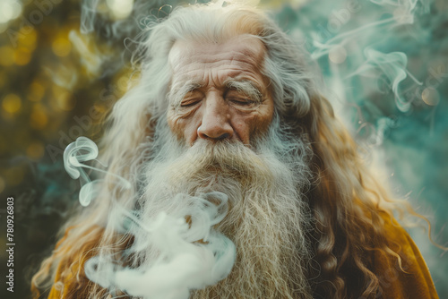 Elderly man with a flowing beard surrounded by smoke. Generative AI image